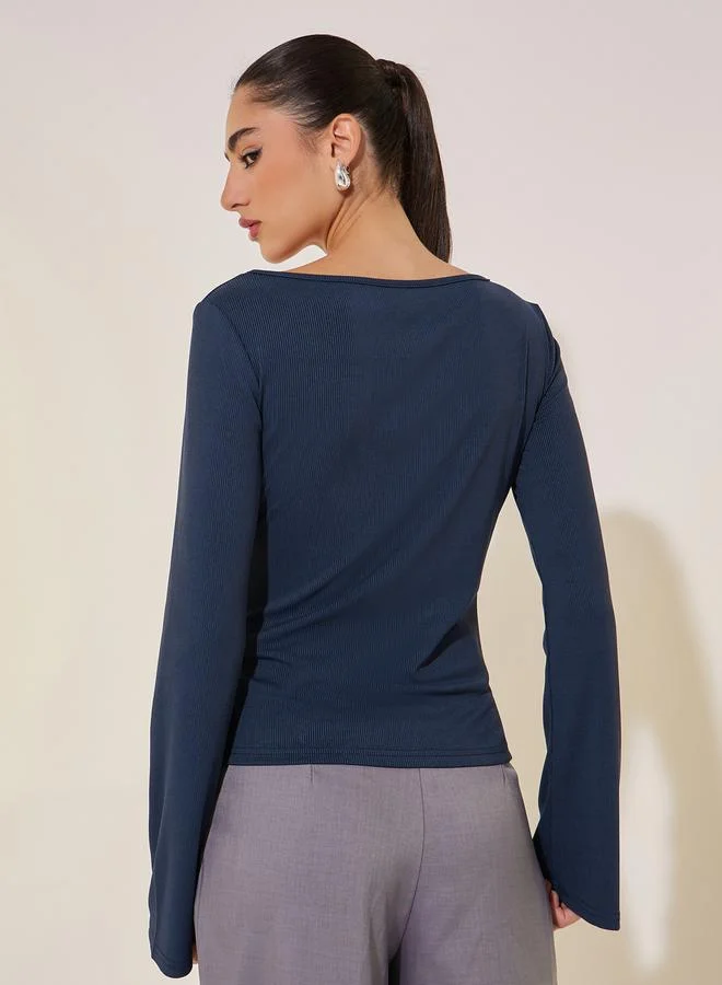 Take Two Texture Long Sleeve Top with Button Detailing