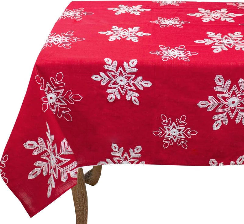 Fennco Styles Embroidered White Snowflake Christmas Tablecloth 60 x 60 Inch  Red Table Cover for Holiday Dcor Dinner Party Banquets and Special Occasion - Image 1