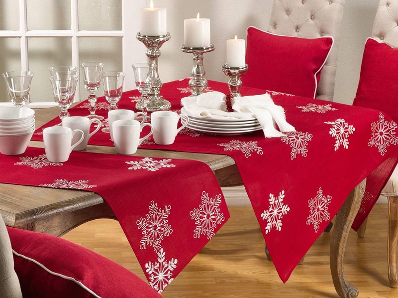 Fennco Styles Embroidered White Snowflake Christmas Tablecloth 60 x 60 Inch  Red Table Cover for Holiday Dcor Dinner Party Banquets and Special Occasion - Image 4