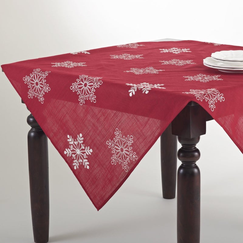 Fennco Styles Embroidered White Snowflake Christmas Tablecloth 60 x 60 Inch  Red Table Cover for Holiday Dcor Dinner Party Banquets and Special Occasion - Image 2