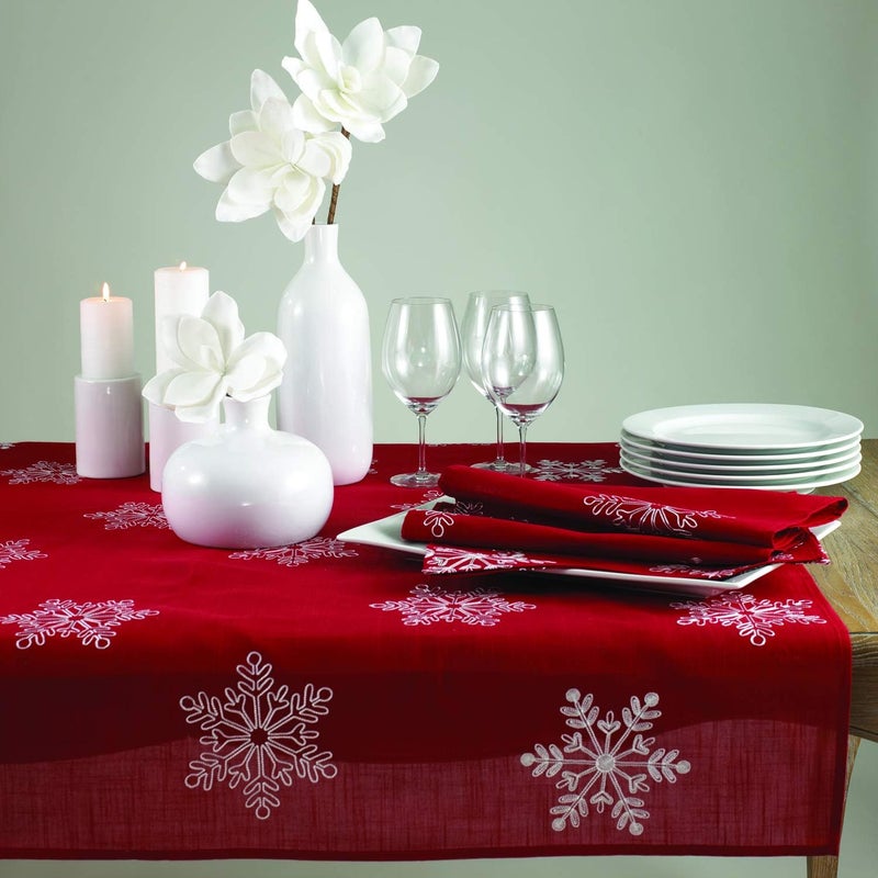 Fennco Styles Embroidered White Snowflake Christmas Tablecloth 60 x 60 Inch  Red Table Cover for Holiday Dcor Dinner Party Banquets and Special Occasion - Image 3