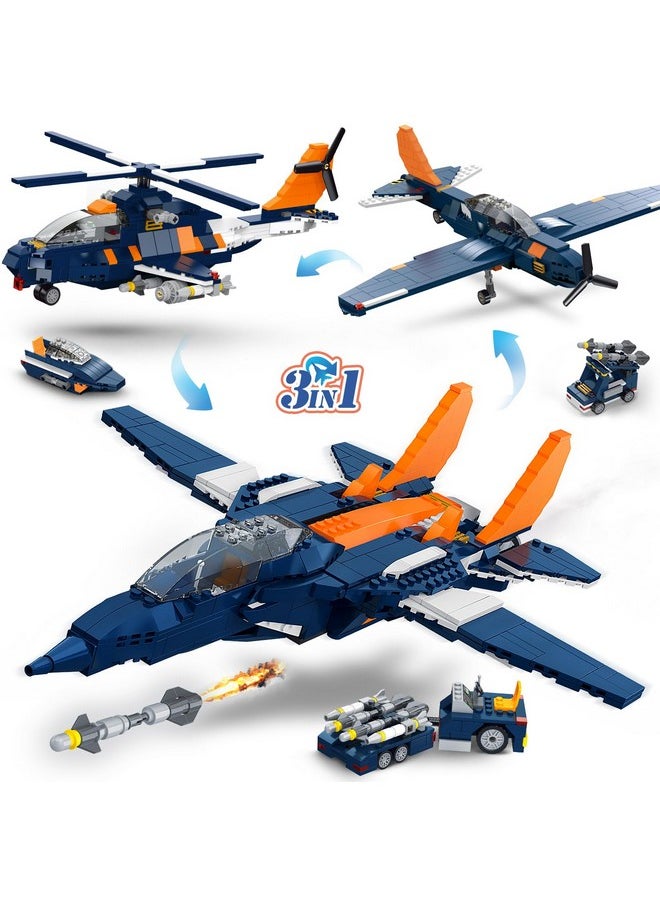 Hogokids HOGOKIDS 3 in 1 Fighter Jet Plane Building Sets, Military Propeller Aircraft Gunship Building Toys with Vehicle/Rocket Launcher/Speedboat Model Toys, Birthday Gift for Kids, Boys and Girls 10+, 738PCS  - Image 1