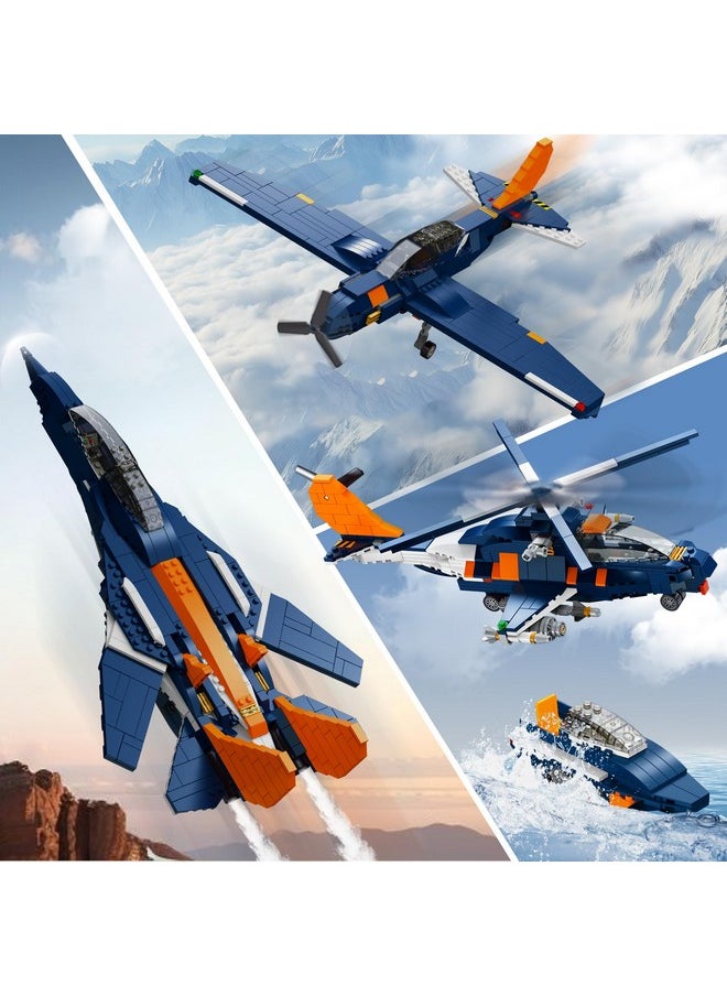 Hogokids HOGOKIDS 3 in 1 Fighter Jet Plane Building Sets, Military Propeller Aircraft Gunship Building Toys with Vehicle/Rocket Launcher/Speedboat Model Toys, Birthday Gift for Kids, Boys and Girls 10+, 738PCS  - Image 3