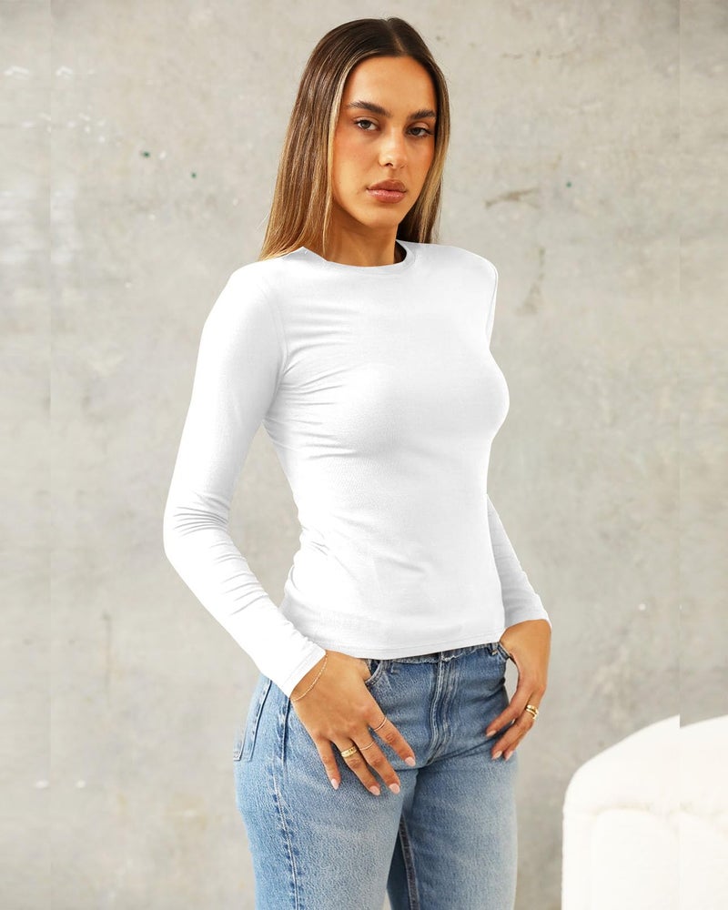 Abardsion Women's Long Sleeve Shirts Spring 2026 Casual Basic Going Out Crop Tops Slim Fit Tight Y2K Clothes(White, L) - Image 3