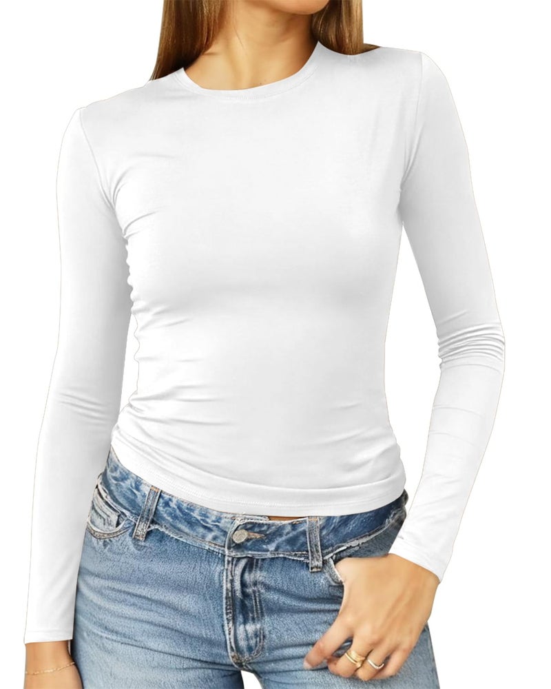 Abardsion Women's Long Sleeve Shirts Spring 2026 Casual Basic Going Out Crop Tops Slim Fit Tight Y2K Clothes(White, L) - Image 1