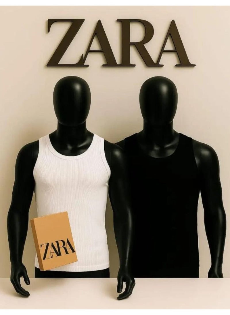 Zara 3-Pack Men’s 100% Cotton Sleeveless T-Shirts (Black + 2 White) – Soft, Breathable and Stylish Undershirts for Everyday Comfort – Available in Size XL - Image 1