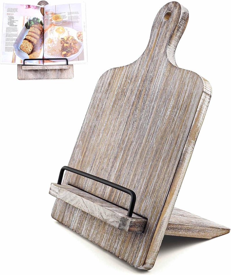 YANGSHUO Cookbook Stand Recipe Book Stand: Cook Book Stand for Kitchen Counter, Rustic Cook Book Stand Adjustable Tablet Cookbook Holder, Wood Cutting Board Style Cooking Gift for Woman - Gray - Image 1