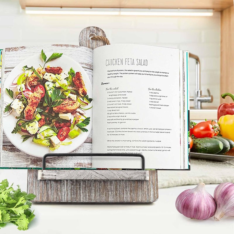 YANGSHUO Cookbook Stand Recipe Book Stand: Cook Book Stand for Kitchen Counter, Rustic Cook Book Stand Adjustable Tablet Cookbook Holder, Wood Cutting Board Style Cooking Gift for Woman - Gray - Image 2