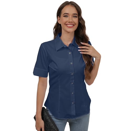 SUNNOW Womens Tailored Short Sleeve Basic Simple Button-Down Shirt with Stretch (M, Dark Blue) - Image 1