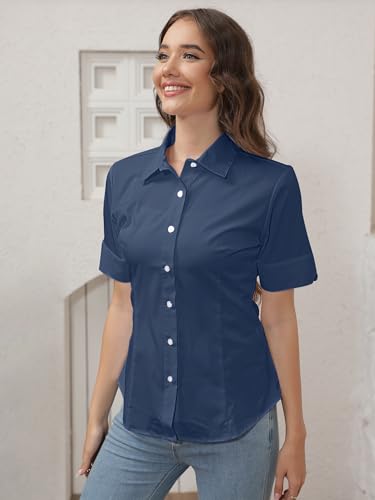 SUNNOW Womens Tailored Short Sleeve Basic Simple Button-Down Shirt with Stretch (M, Dark Blue) - Image 3