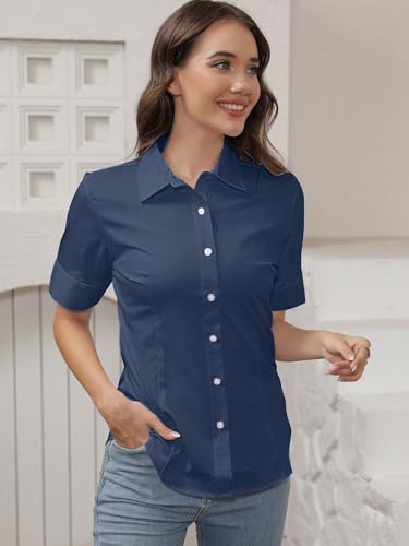 SUNNOW Womens Tailored Short Sleeve Basic Simple Button-Down Shirt with Stretch (M, Dark Blue) - Image 2