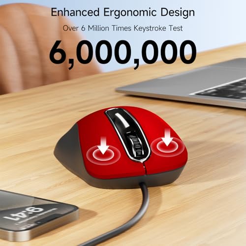memzuoix Wired Mouse, USB Computer Mouse 1400 DPI Mobile Optical Mouse Ergonomic Design Computer Mice with 5FT Cord for Laptop, PC, Desktop, MacBook, 5 Buttons (Pomegranate Red) - Image 4