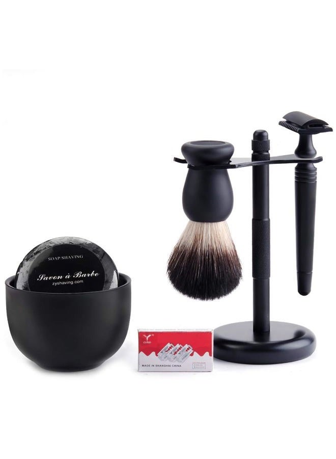 Grandslam Shaving Razor Kit Double Edage Safety Razor 2 Layers Stainless Steel Shaving Mug Shaving Soap Cream Synthetic Shaving Brush Heavy Chrome Shaving Stand Black Shaving Razor Gift for Men - Image 1