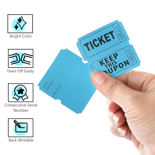 COKUMA 500 Pairs Raffle Tickets, Double Roll 50/50 Blue Raffle Tickets with Stub for Events, Easy Tear-Offs and Consecutive Number with Writable Back for Carnival Concert and Prize Drawings - Image 2
