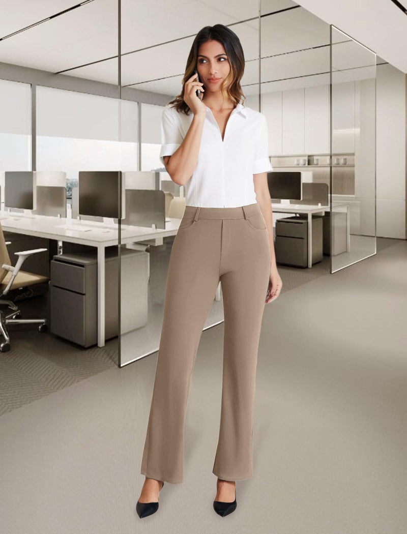DLOODA Dress Work Pants Women Business Casual Slack Trousers Stretchy Pull On Office Flare Pants with Pocketsï¼ˆLight Coffee Sï¼‰ - Image 2