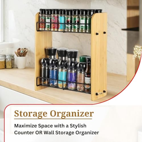 Decorlay 2-tier Wood & Iron Combination Spice Rack Refrigerator, Wall Mounted, Spice Jar Shelf Organizer Space Saver - Image 2
