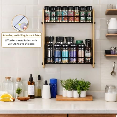 Decorlay 2-tier Wood & Iron Combination Spice Rack Refrigerator, Wall Mounted, Spice Jar Shelf Organizer Space Saver - Image 4