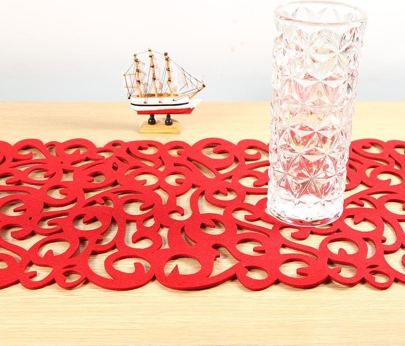 klarako 7 Colors Rectangle Hollow Felt Table Runner Tablecloth Mats Placemats Household Decorations, 40 * 11 inches(Red) - Image 4