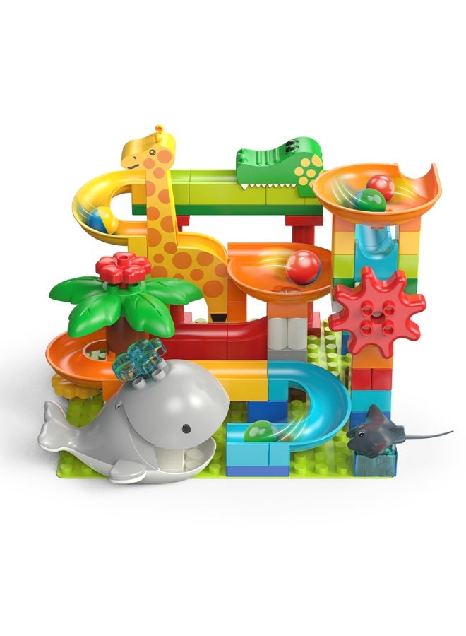 FEELO Whale Slide Run Big Building Blocks | 97 Pieces | Interactive Ocean & Zoo Animal Theme Construction Set | Giraffe & Crocodile Tunnels, Rotating Gears & Funnel | Educational STEM Toy for Kids - Image 1