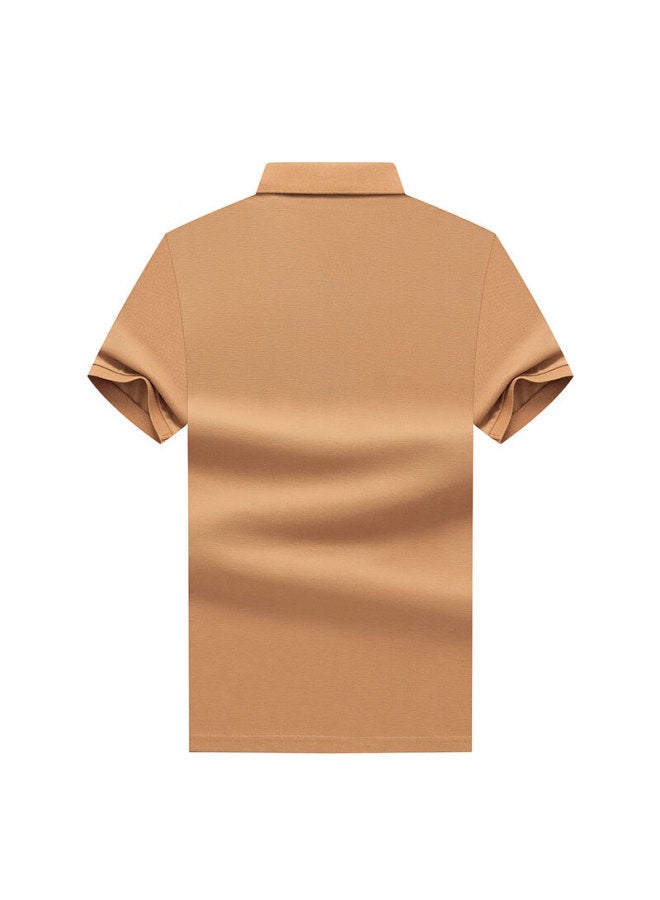 Limeng Men's Solid Color Paul Shirt Short Sleeve T-shirt With Cotton Turn-down Collar Plus Size T-shirt Khaki 170 - Image 1
