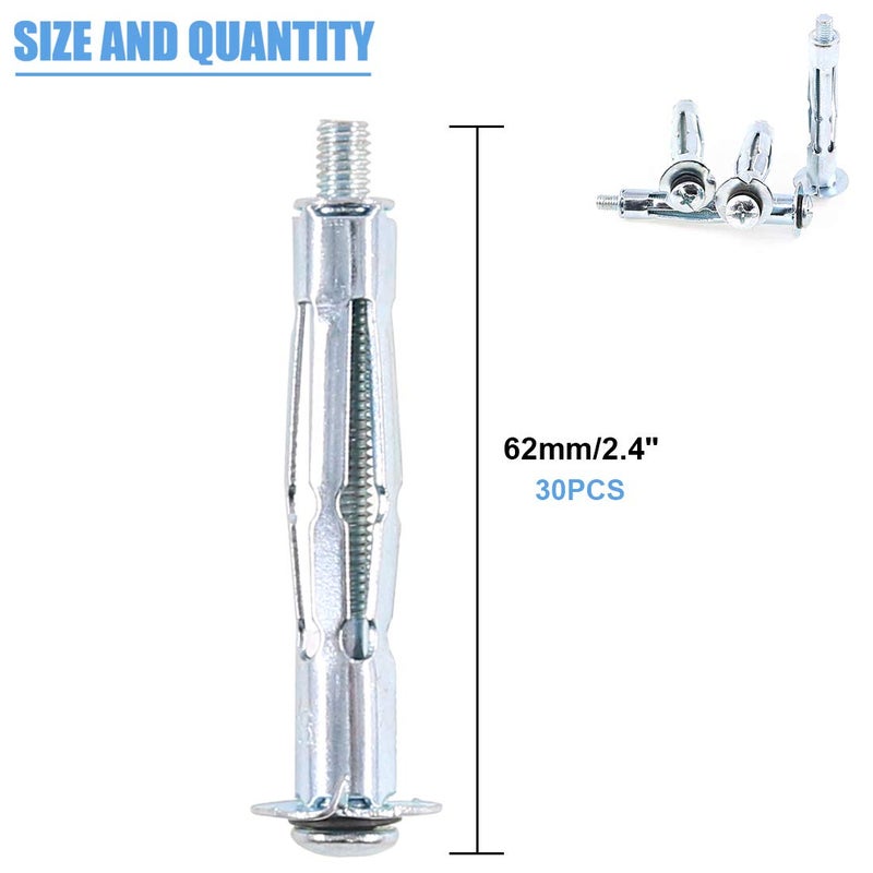 Glarks 30Pcs 5x52MM Heavy Duty Zinc Plated Steel Molly Bolt Hollow Drive Wall Anchor Screws Set for Drywall, Plaster and Tile (M5x52) - Image 2