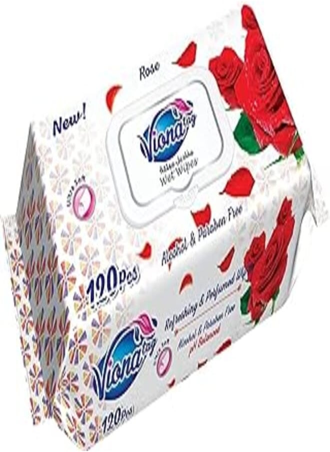 viona Viona Wet Wipes for Cleaning Face and Body - Rose, 120 Pieces 