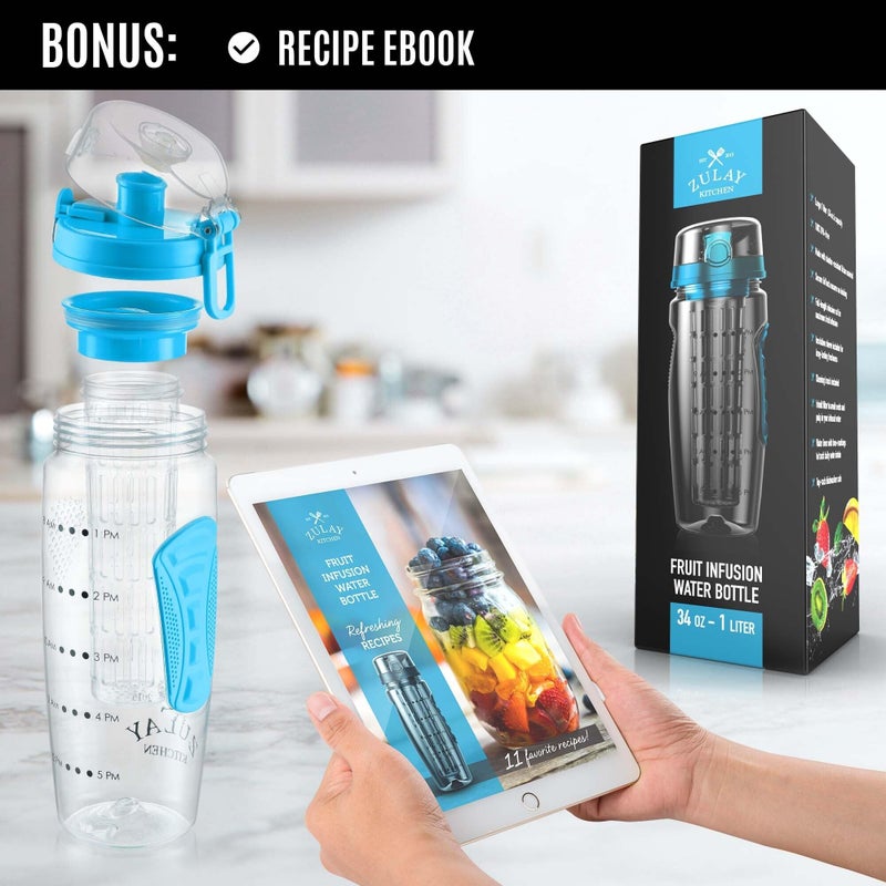 Zulay Kitchen Zulay 34 oz Large, Leakproof Fruit Infuser Water Bottle with Anti-Slip Grip - Men and Women's Ideal Fitness Gift Or For Gym, Camping, and Travel - Lake Blue - Image 3