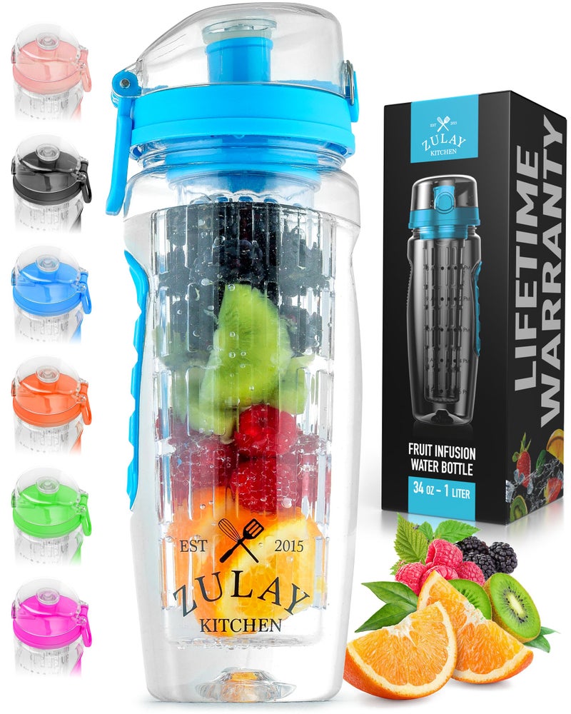 Zulay Kitchen Zulay 34 oz Large, Leakproof Fruit Infuser Water Bottle with Anti-Slip Grip - Men and Women's Ideal Fitness Gift Or For Gym, Camping, and Travel - Lake Blue - Image 1
