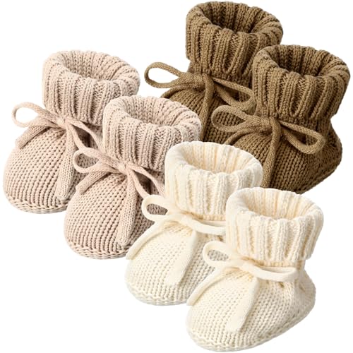 Evervibe 3 Pairs Knitted Baby Booties 0-6 Months Newborn Baby Shoes First Walkers Cozy Shoes for Infant Girl Boy(Beige, Bronze, Light Camel,Classic) - Image 1