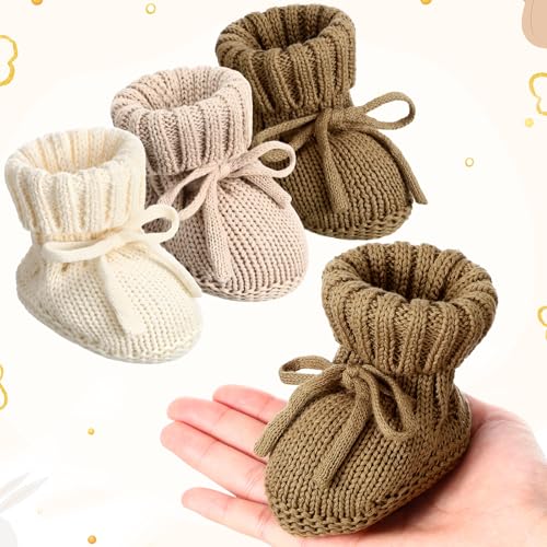 Evervibe 3 Pairs Knitted Baby Booties 0-6 Months Newborn Baby Shoes First Walkers Cozy Shoes for Infant Girl Boy(Beige, Bronze, Light Camel,Classic) - Image 3