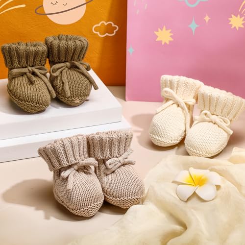 Evervibe 3 Pairs Knitted Baby Booties 0-6 Months Newborn Baby Shoes First Walkers Cozy Shoes for Infant Girl Boy(Beige, Bronze, Light Camel,Classic) - Image 5