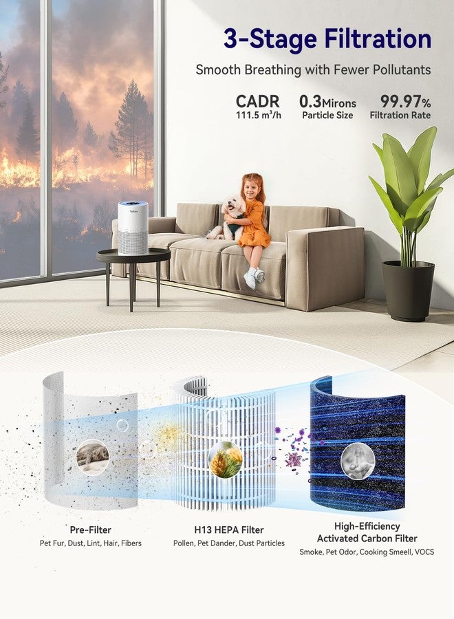 Tailulu AP050 Air Purifiers for Home, HEPA Air Purifiers for Large Room up to 700 ft², H13 True HEPA Air Filter 3 Timers for Pets Dander Odor Dust Smoke Pollen (Pearl White) - Image 2
