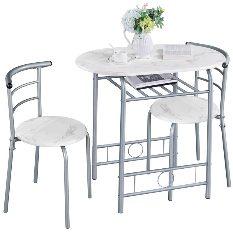 Yaheetech 3Piece Dining Table Set Breakfast Bistro Table Set for 2 Small Kitchen and Table Chairs Set of 2 with Metal Frame and Storage Rack for Small SpaceApartmentDorm Room White