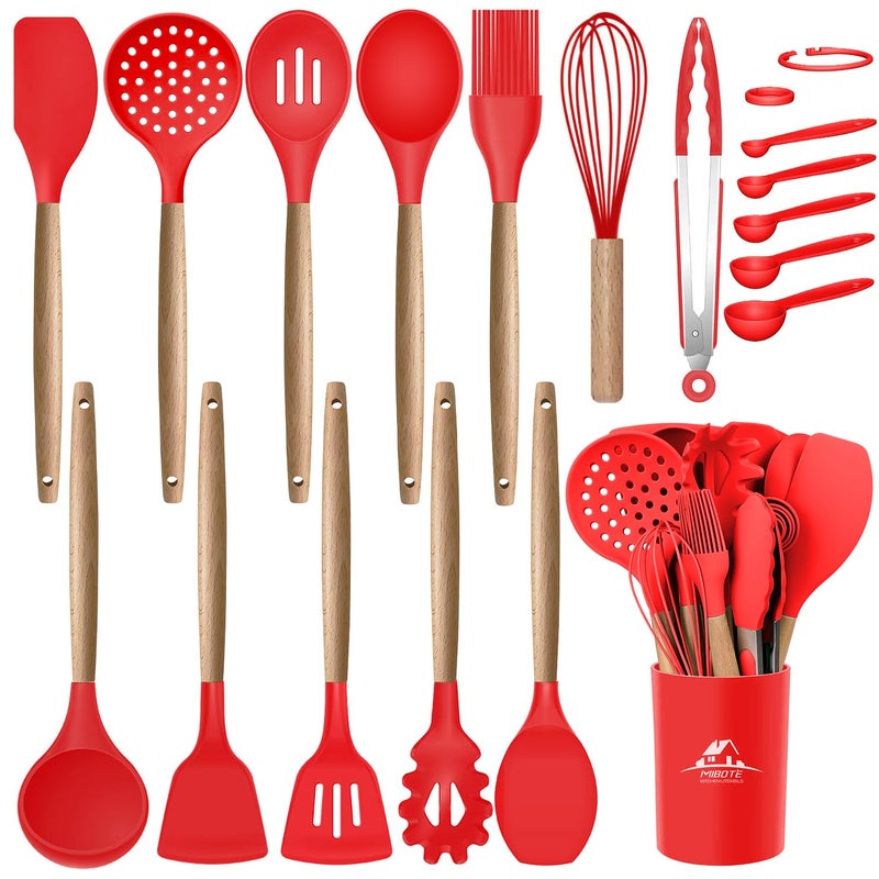 MIBOTE Silicone Cooking Utensils Kitchen Utensil Set  446F Heat ResistantTurner Tongs Spatula Spoon Whisk Wooden Handle Kitchen Gadgets with Holder for Nonstick Cookware Christmas Red
