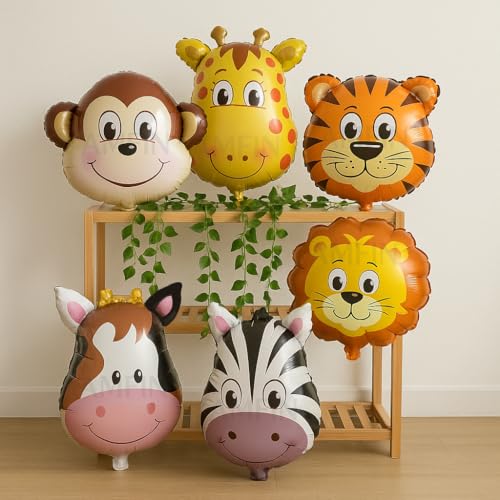 AMFIN (Pack of 6) Big Size Animal Face Foil Balloons for Jungle Theme Party Decoration - Image 1
