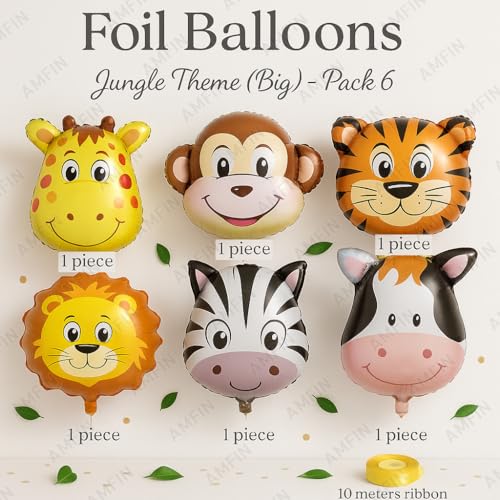 AMFIN (Pack of 6) Big Size Animal Face Foil Balloons for Jungle Theme Party Decoration - Image 2
