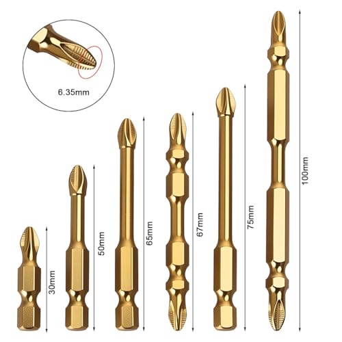 Serplex® 6Pcs Screwdriver Bits Electric Drill Bits Set, Non-Slip Phillips Bits, Ribbed Bits Design, 30/50/65/75mm Long Assorted Drill Bits & 67/100mm Long Dual-Tip Drill Bits, Universal 1/4 Hex Shank - Image 2