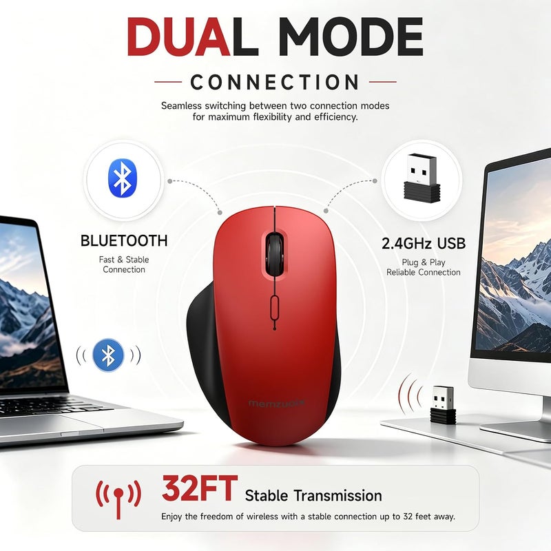 ماوس لاسلكي من (BT5.3 و2.4G) قابل للشحن 800/1200/1600 DPI صامت USB C وماوس بلوتوث 4 أزرار - أحمر - Image 2