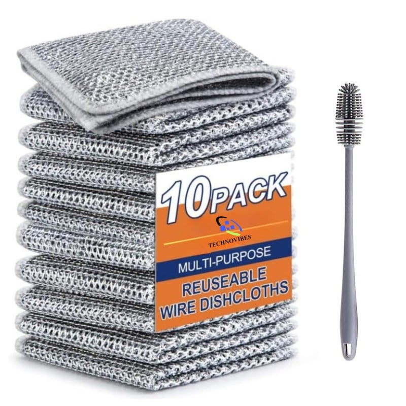 TECHNOVIBES Multipurpose Wire Dishwashing Rags for Wet and Dry Stainless Steel Scrubber NonScratch Wire Dishcloth for Washing Dishes Sinks Counters 20cm x 20cm x 05cm Pack of 10 with Brush - Image 1