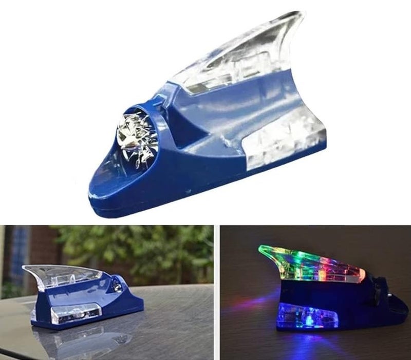 AutoBizarre Car Decorative Shark Fin Antenna with Wind Powered LED Multicolor Warning Strobe Lights Compatible with All Cars (Blue) - Image 1