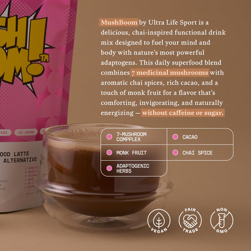 Ultra Life Sport - MushBoom Organic Mushroom Coffee Alternative Drink - 30 Servings 7 Mushroom Cacao Blend - Cordyceps, Lion’s Mane, Chaga, Maitake, Shiitake, Reishi & Turkey Tail - Caffeine Free - Image 5