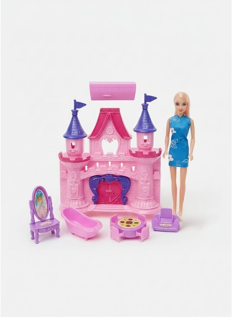 لعبه بها طقم بيت عروسه أميرة للبنات مع عروسة وقلعة وإكسسوارات مكياج ولعب، لعبة تمثيل أدوار للأطفال وميكب  لتنمية الخيال والتسلية والهدايا