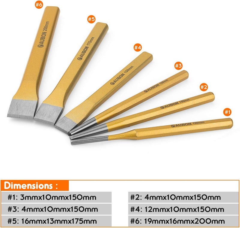 Acrux7 6pcs Cold Chisel Set - Flat, Center, Cylindrical, Metal Chisel Set, Premium Cr-V Steel, Cone Chisels for Brickwork, Concrete, Metal and Stone - Image 2