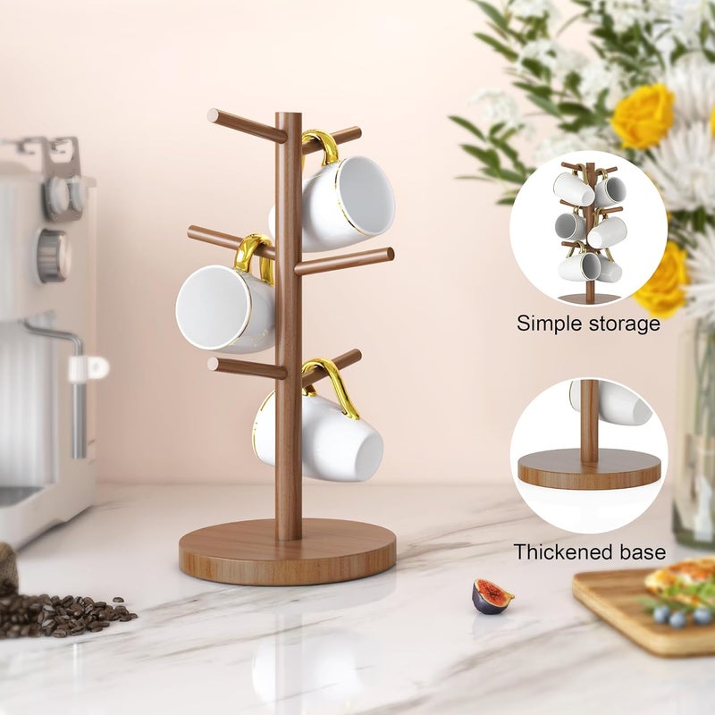 Wisuce Coffee Mug Holder, Bamboo Mug Tree with Thicker Base Coffee Cup Mug Stand for Counter, Mug Rack with 6 Hooks - Image 2