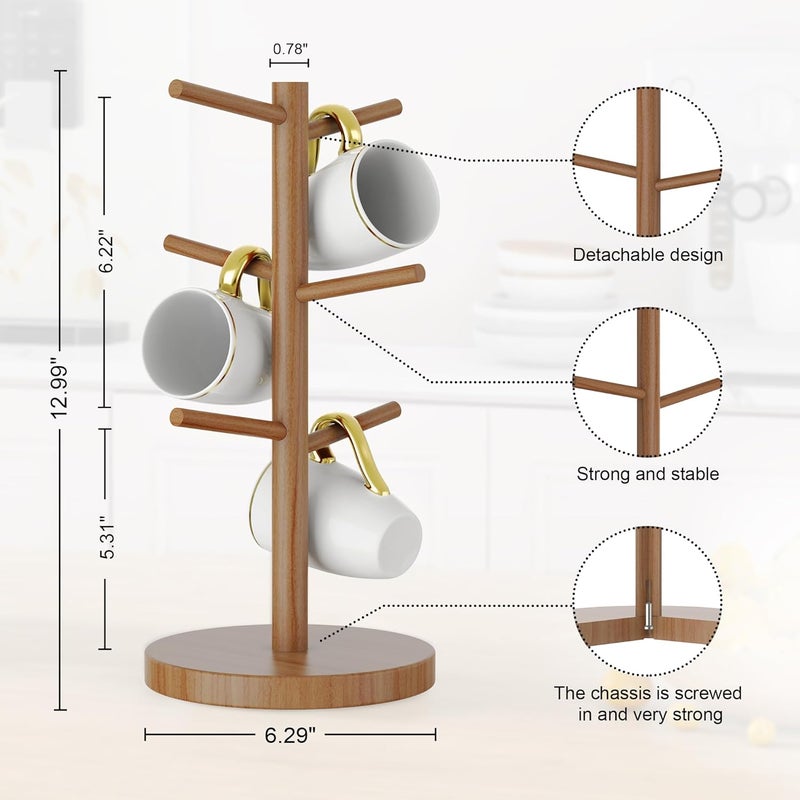 Wisuce Coffee Mug Holder, Bamboo Mug Tree with Thicker Base Coffee Cup Mug Stand for Counter, Mug Rack with 6 Hooks - Image 3