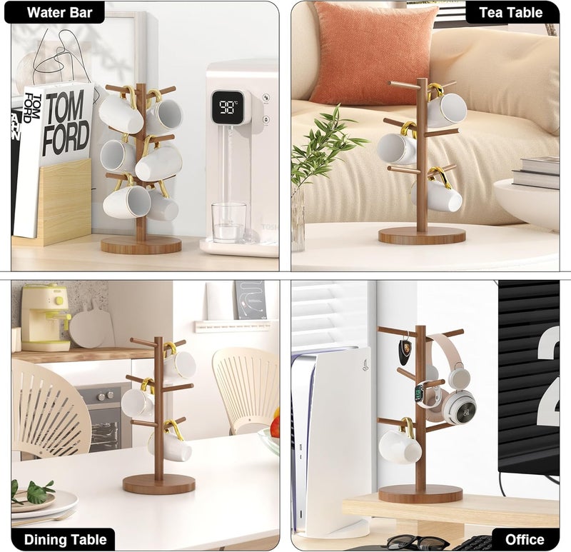 Wisuce Coffee Mug Holder, Bamboo Mug Tree with Thicker Base Coffee Cup Mug Stand for Counter, Mug Rack with 6 Hooks - Image 4