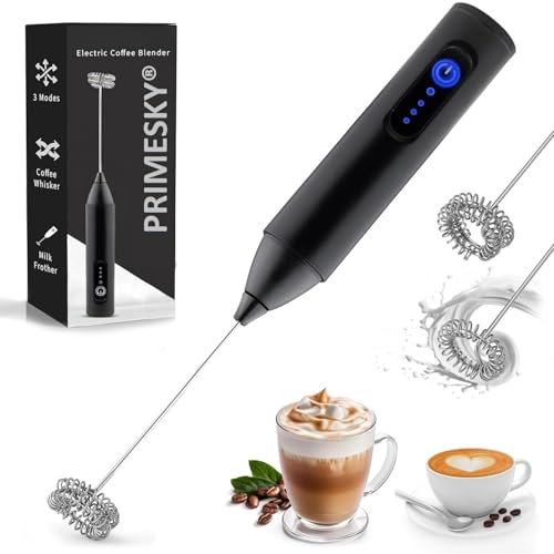 Primesky®Coffee Frother Electric Blender Wand 3 Speed Modes Rechargable Mini Handheld Milk Frother with Stainless Steel Whisk Drink Mixer for Coffee Cappuccinos Matcha Gift - Black (MINI MILK FROTHER) - Image 1