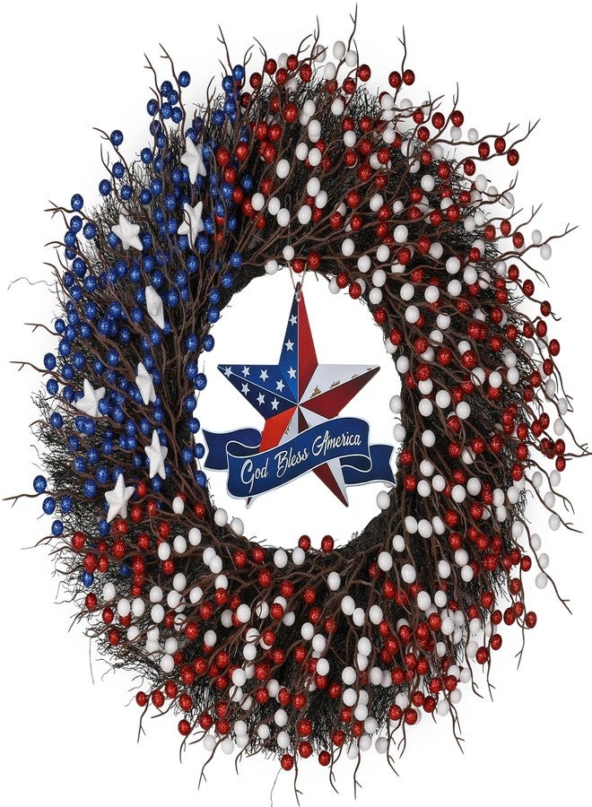 Huadanbor Patriotic Wreath, 4th of July Wreaths,Patriotic Berry red White Blue Door Wreath, Memorial Wreaths,Patriotic Decorations for Memorial Day Independence Day Veterans Day Front Door Wall (Blue) - Image 1