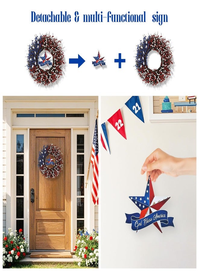 Huadanbor Patriotic Wreath, 4th of July Wreaths,Patriotic Berry red White Blue Door Wreath, Memorial Wreaths,Patriotic Decorations for Memorial Day Independence Day Veterans Day Front Door Wall (Blue) - Image 4