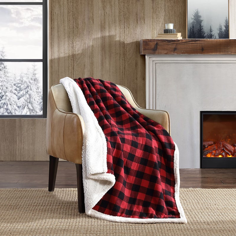 Eddie Bauer - Throw Blanket  Reversible Sherpa Fleece Bedding  Buffalo Plaid Home Decor for All Seasons (Red Check  Throw)